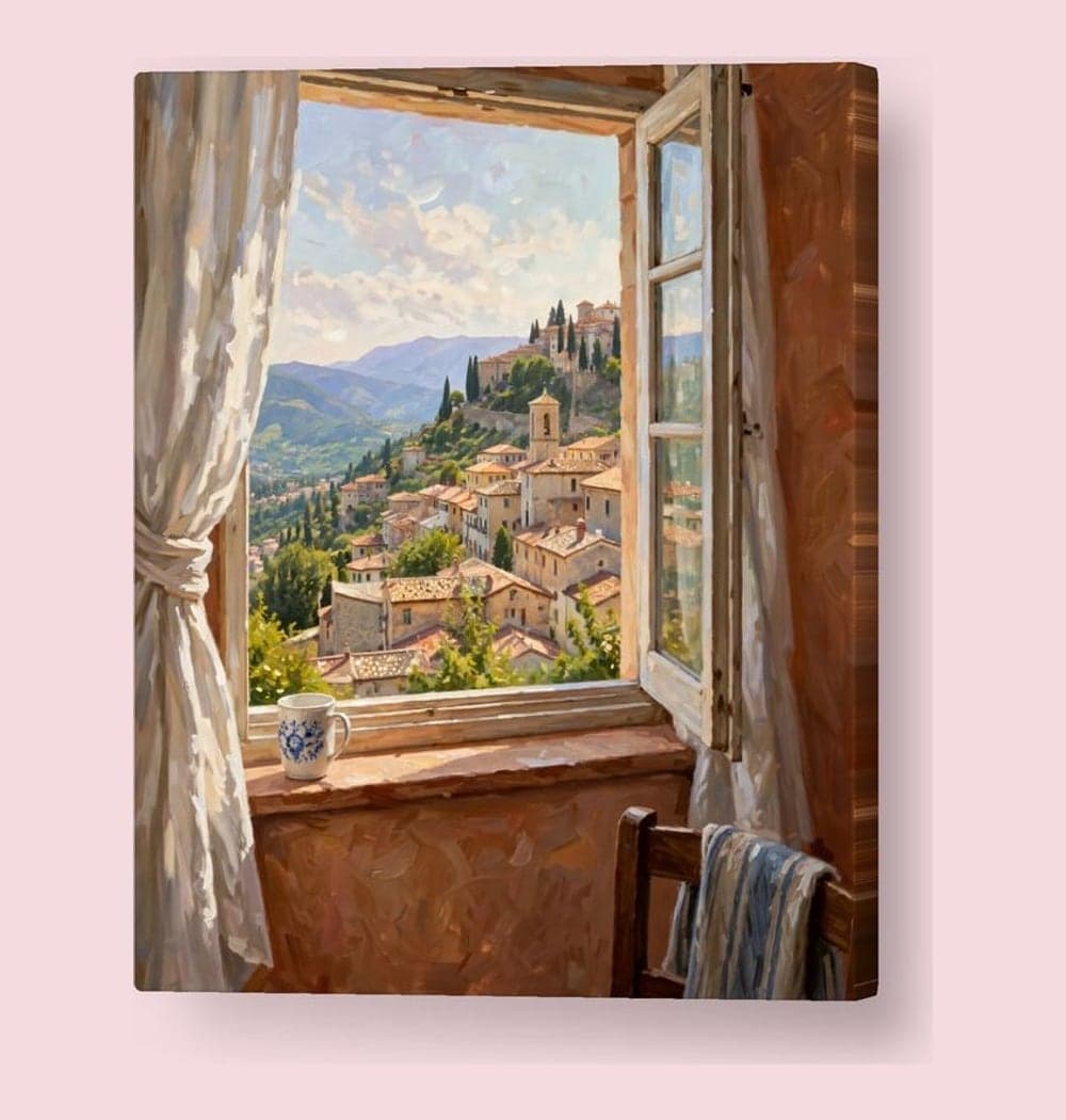 The view shown in the travel photo as a luminous impressionistic scene, framed by an open window and simple curtains, on a canvas (example made with AI)