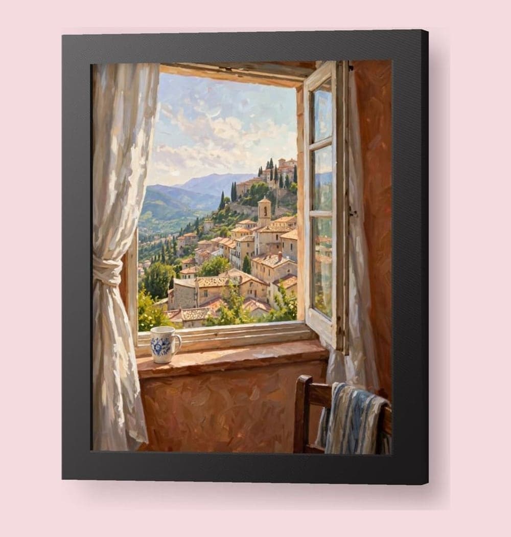 The view shown in the travel photo as a luminous impressionistic scene, framed by an open window and simple curtains, on a framed print (example made with AI)