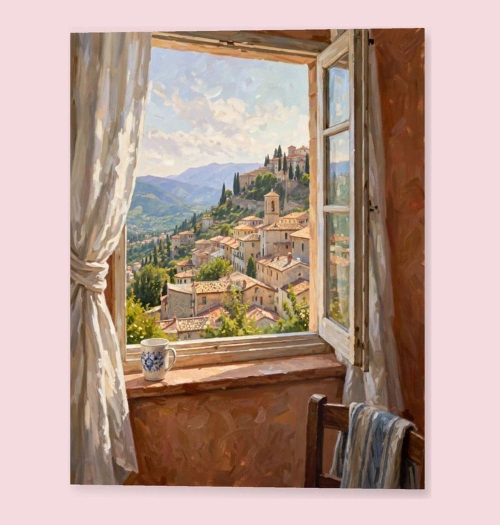 The view shown in the travel photo as a luminous impressionistic scene, framed by an open window and simple curtains, on a photo print (example made with AI)