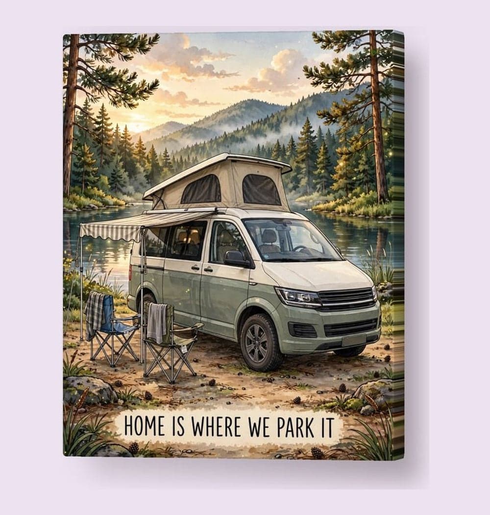 A charming illustrated portrait of the camper van in the favorite landscape, with a small awning, folding chairs, and warm evening light, on a canvas (example made with AI)