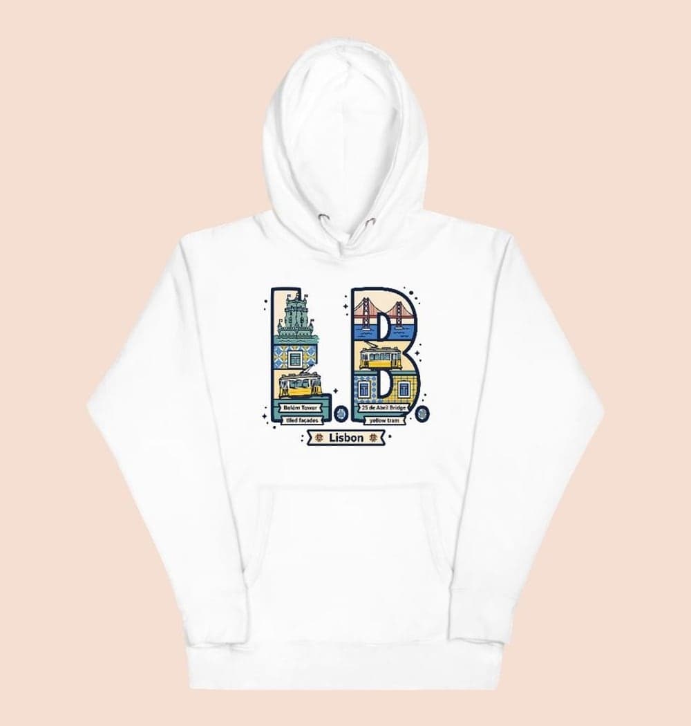 A bold typographic illustration of the initials filled with small drawings of landmarks from the chosen city, on a hoodie (example made with AI)