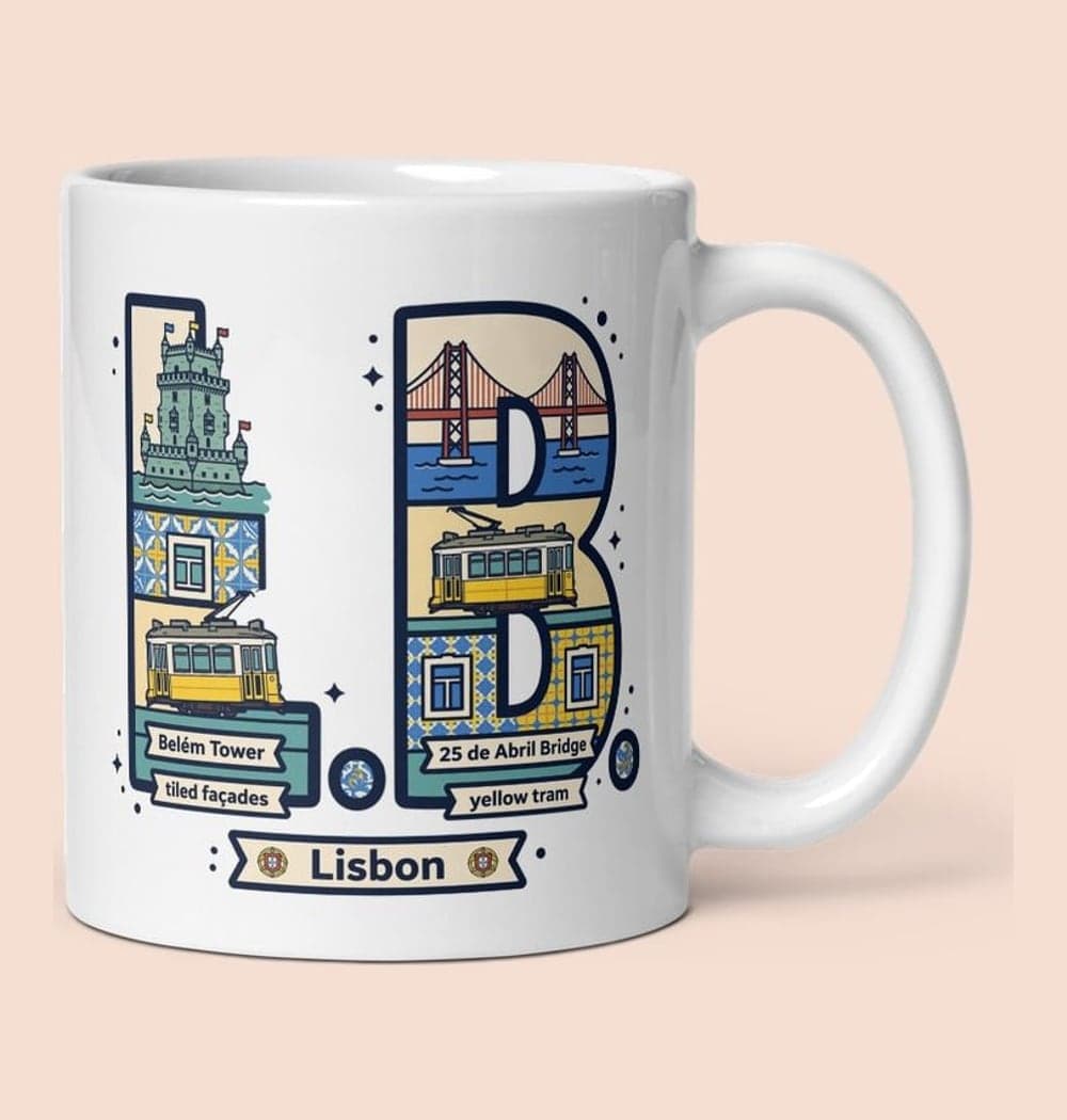 A bold typographic illustration of the initials filled with small drawings of landmarks from the chosen city, on a mug (example made with AI)