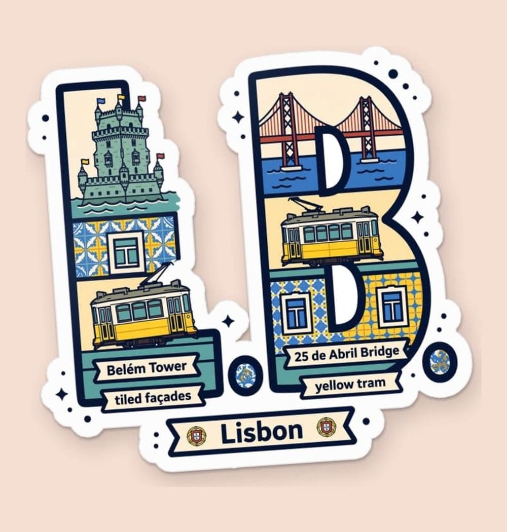 A bold typographic illustration of the initials filled with small drawings of landmarks from the chosen city, as a sticker (example made with AI)