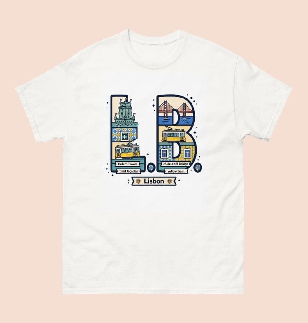 A bold typographic illustration of the initials filled with small drawings of landmarks from the chosen city, on a t-shirt (example made with AI)