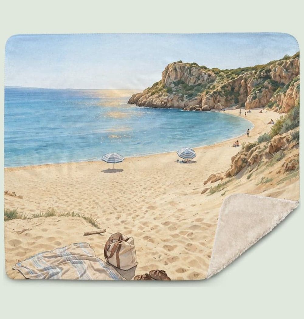 A bright, relaxed illustration with recognizable people, umbrellas, and coastline, on a blanket (example made with AI)