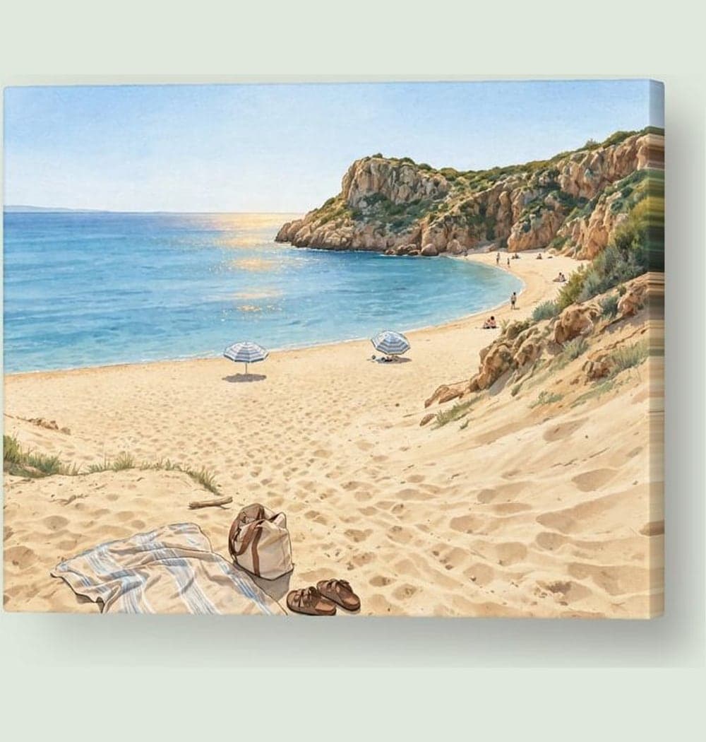 A bright, relaxed illustration with recognizable people, umbrellas, and coastline, on a canvas (example made with AI)