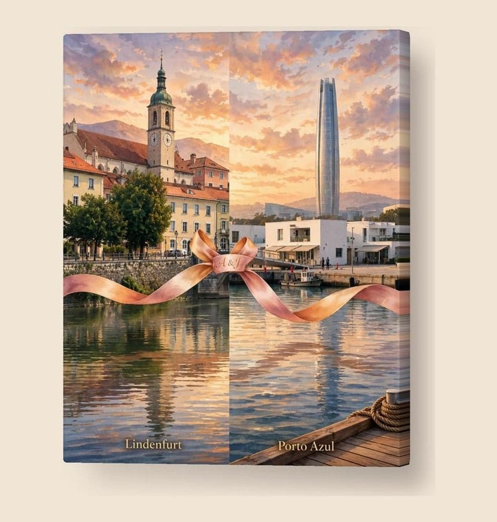 A balanced diptych-style illustration combining the two supplied city skylines with a flowing ribbon between them, on a canvas (example made with AI)