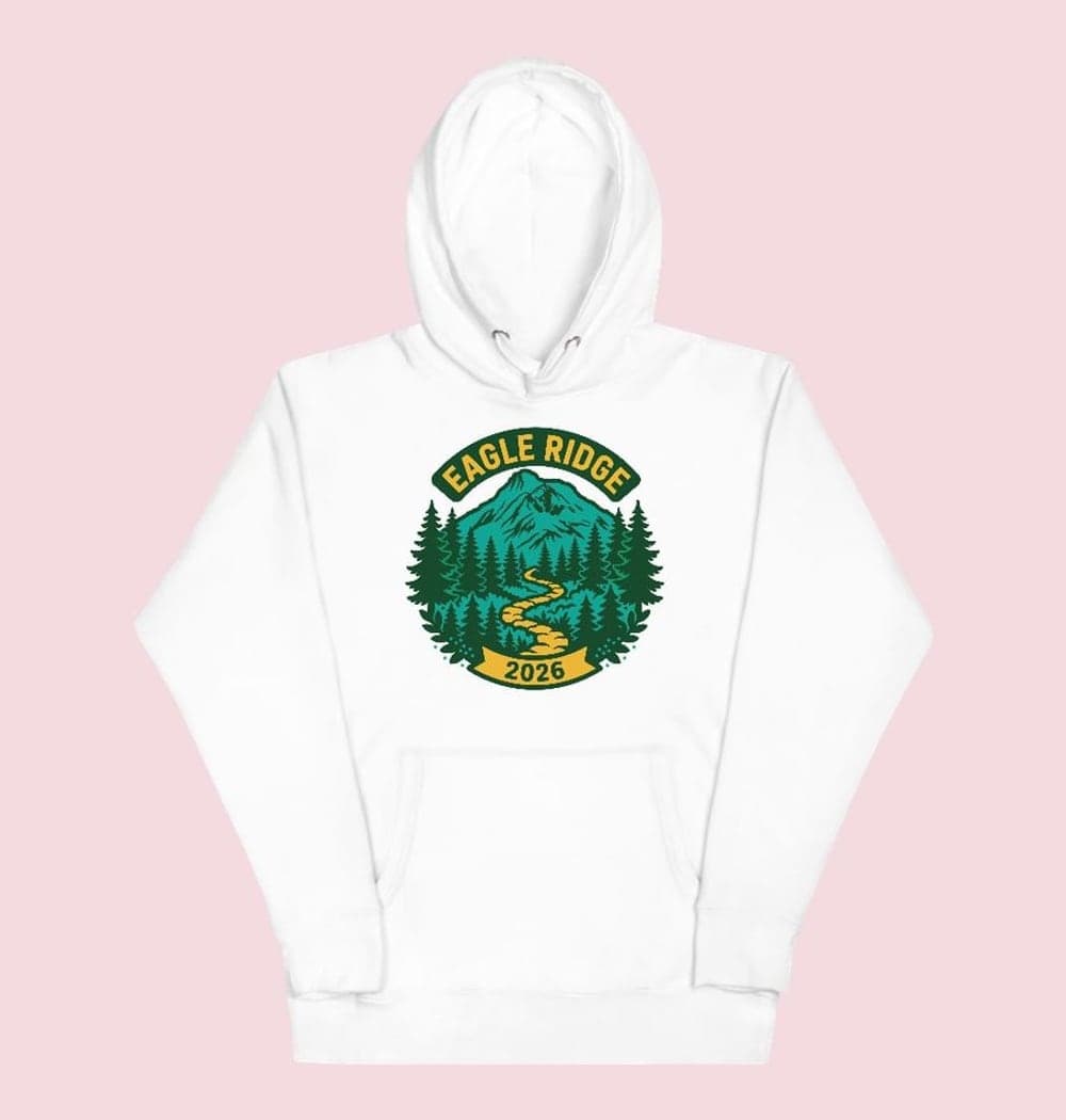An original national-park-inspired badge of the chosen landscape, with mountains, desert, forest, or coast as specified, on a hoodie (example made with AI)