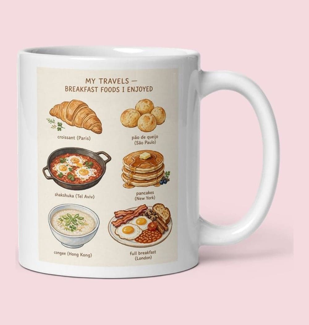 A balanced arrangement of the breakfast foods I enjoyed on the travels, using the exact supplied list, on a mug (example made with AI)