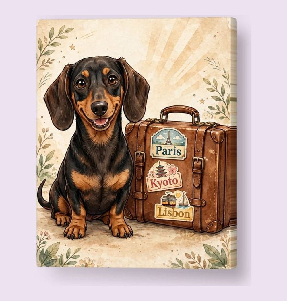 A cheerful traveler sitting beside a vintage suitcase covered in original destination stickers, on a canvas (example made with AI)