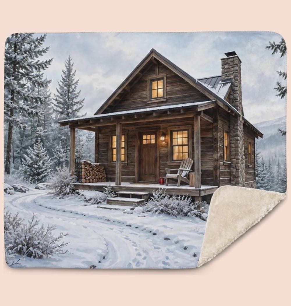 The ideal remote cabin in the supplied landscape, with a winding path, warm windows, and a small outdoor chair, on a blanket (example made with AI)