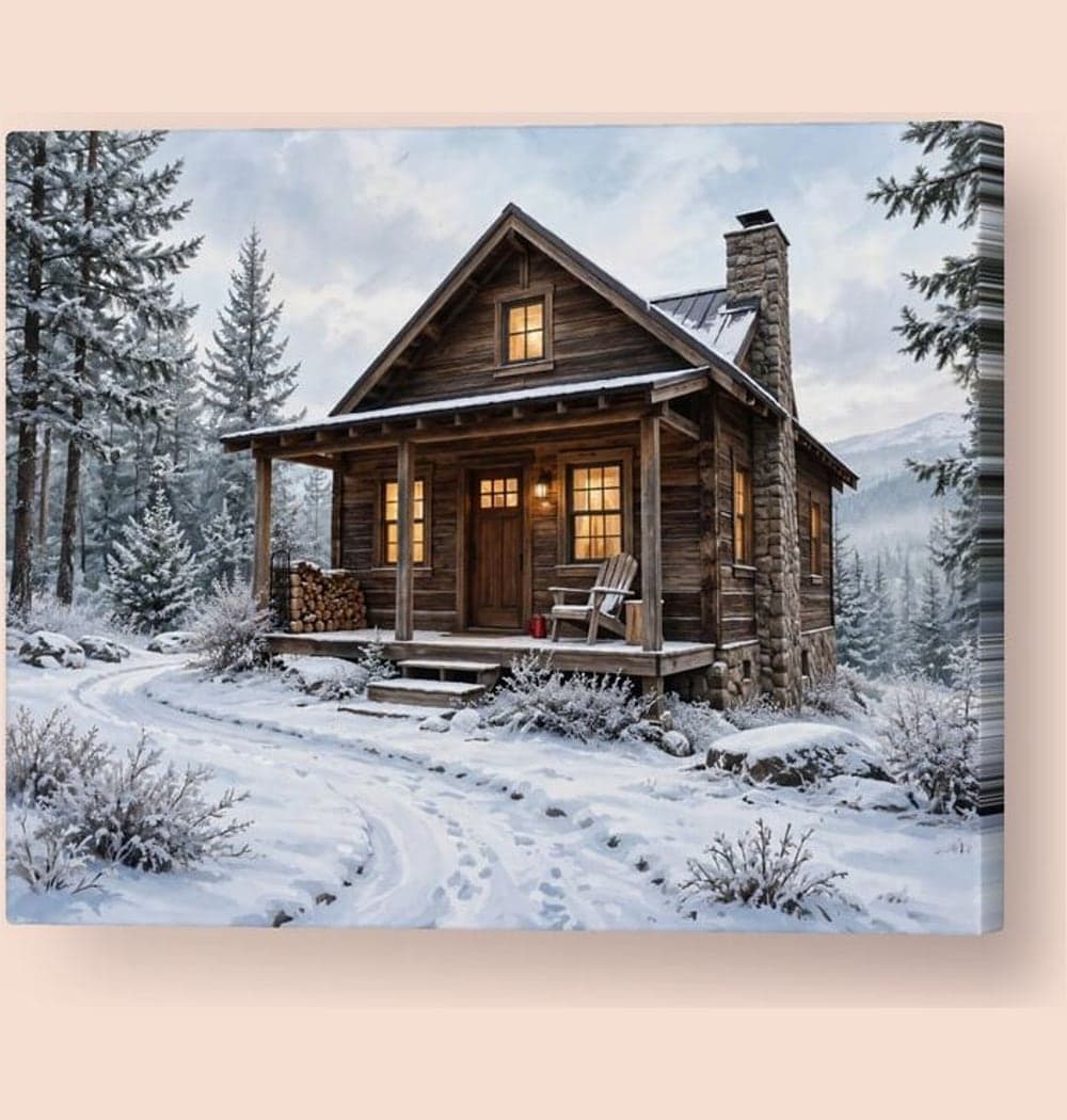 The ideal remote cabin in the supplied landscape, with a winding path, warm windows, and a small outdoor chair, on a canvas (example made with AI)