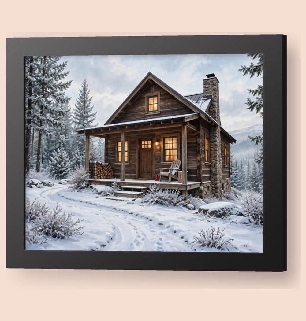 The ideal remote cabin in the supplied landscape, with a winding path, warm windows, and a small outdoor chair, on a framed print (example made with AI)