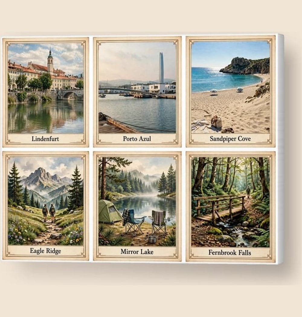 A cohesive grid of six original postcard-style illustrations based on the supplied trip photos, on a canvas (example made with AI)