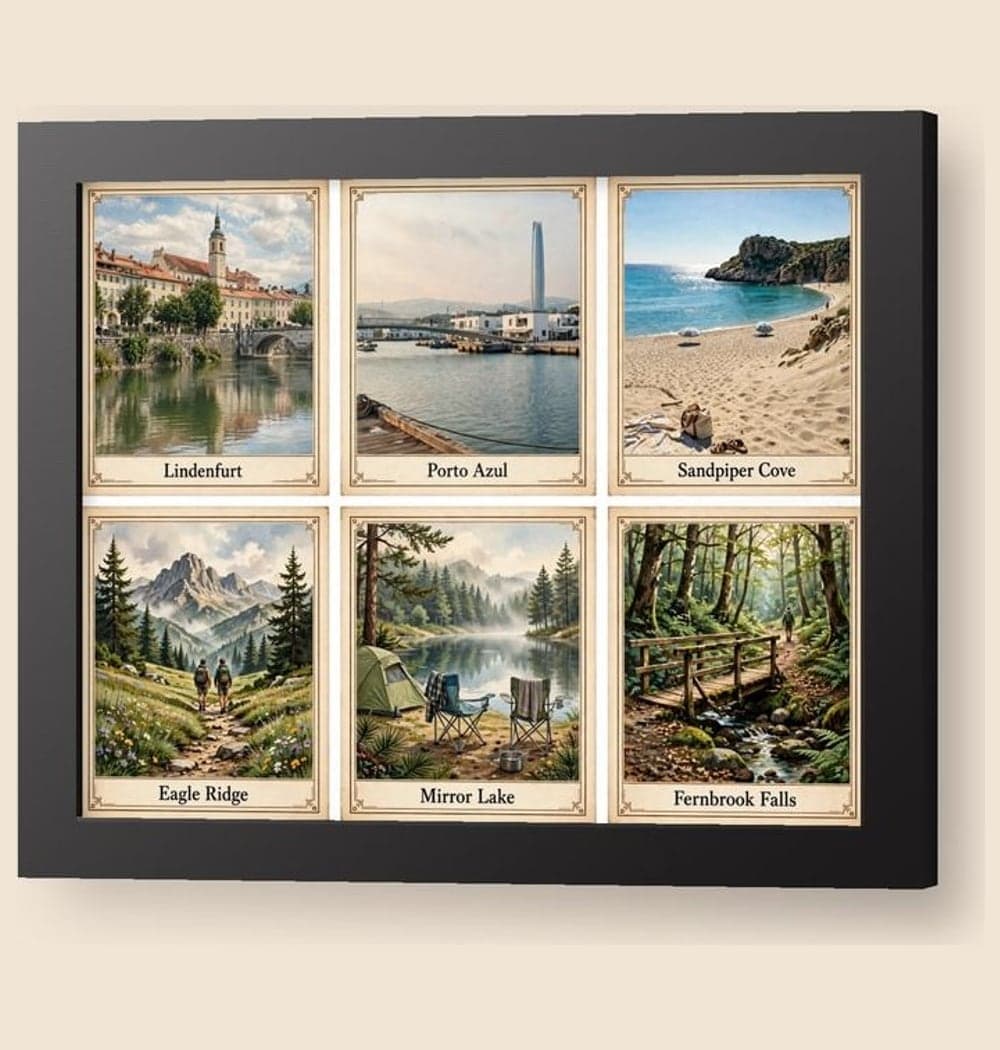 A cohesive grid of six original postcard-style illustrations based on the supplied trip photos, on a framed print (example made with AI)
