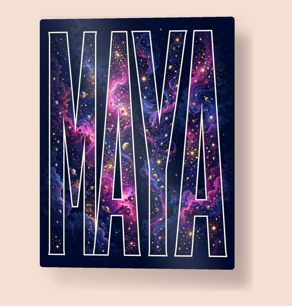 A bold typographic artwork of the supplied first name, filling the letters with stars, colorful nebulae, and tiny imaginary planets, on a metal print (example made with AI)