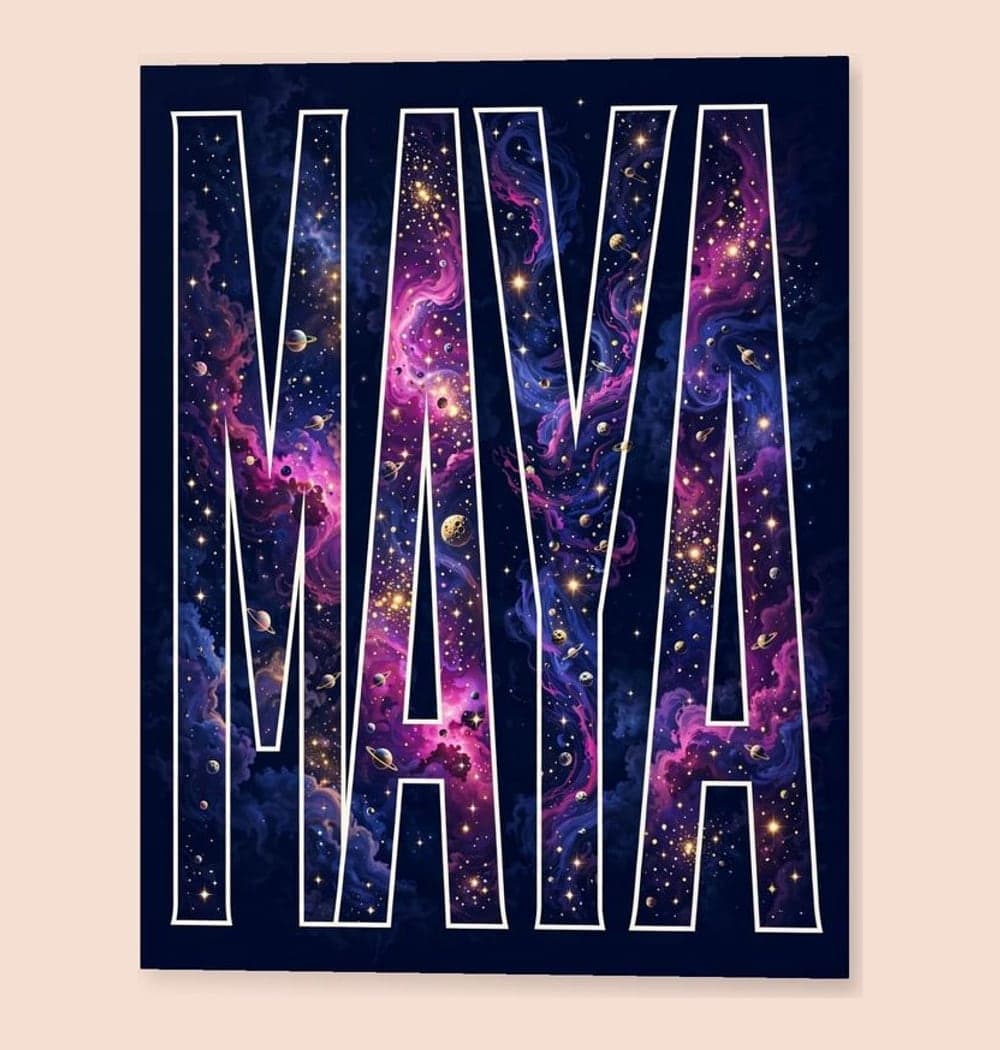 A bold typographic artwork of the supplied first name, filling the letters with stars, colorful nebulae, and tiny imaginary planets, on a matte poster (example made with AI)