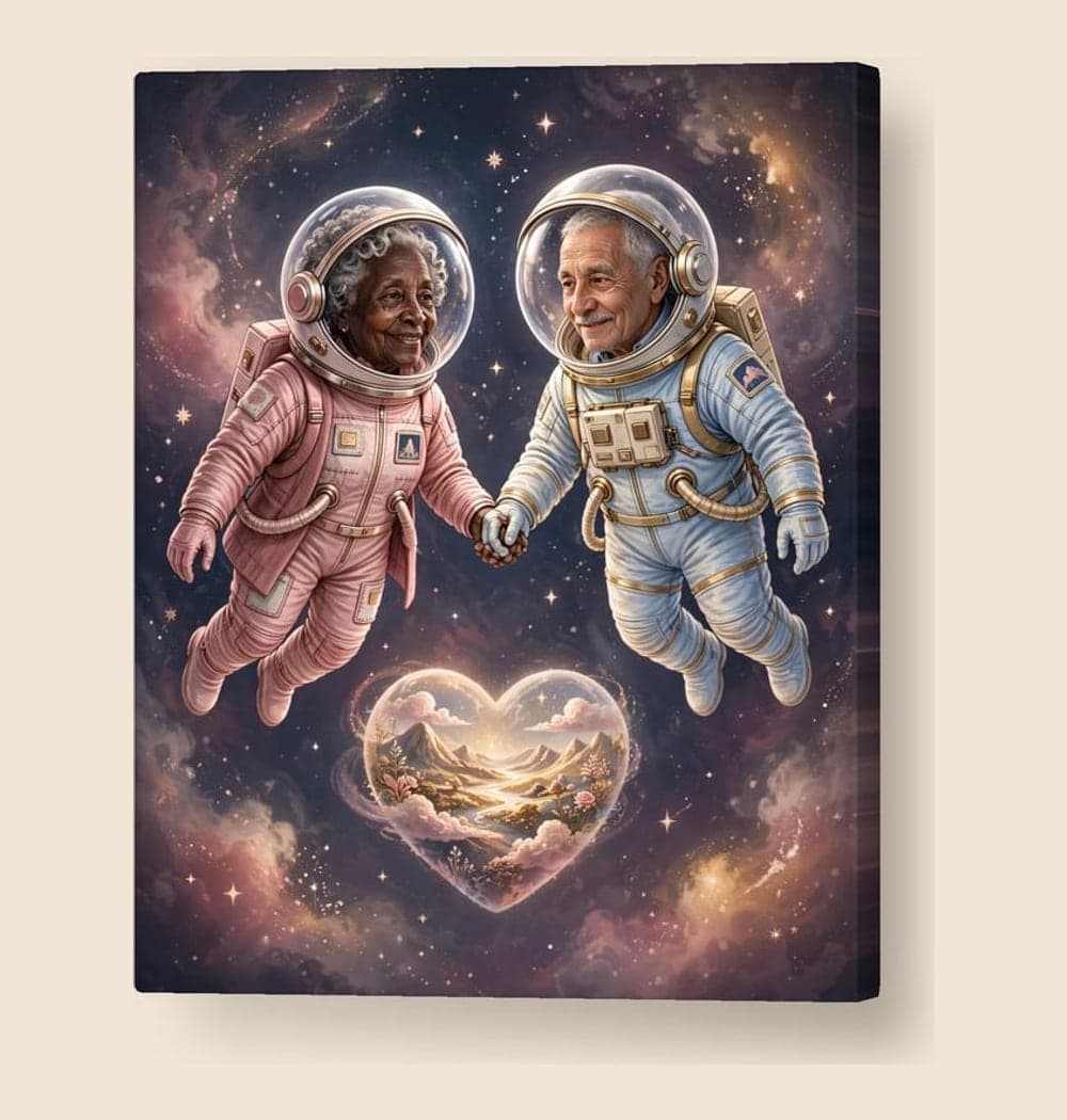A poetic illustration of two small astronauts floating hand in hand around a heart-shaped imaginary planet, on a canvas (example made with AI)