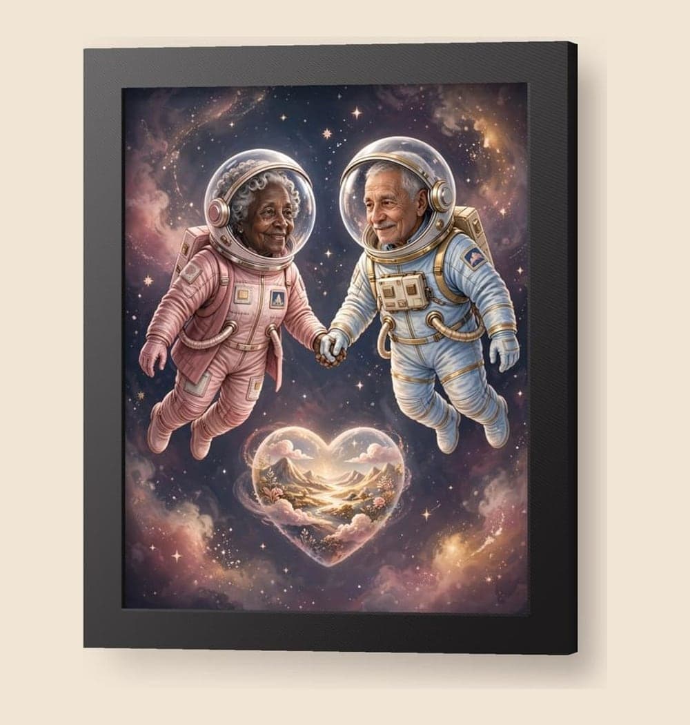 A poetic illustration of two small astronauts floating hand in hand around a heart-shaped imaginary planet, on a framed print (example made with AI)
