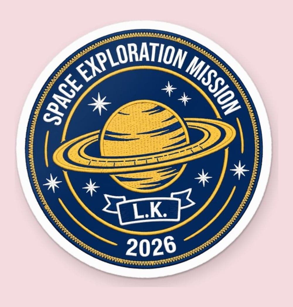 An original space-exploration mission patch using the initials, chosen year, and favorite celestial object, as a sticker (example made with AI)