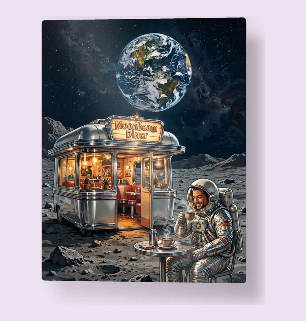 An original tiny roadside diner on a moon, with a friendly astronaut sipping coffee outside and Earth visible in the sky, on a metal print (example made with AI)