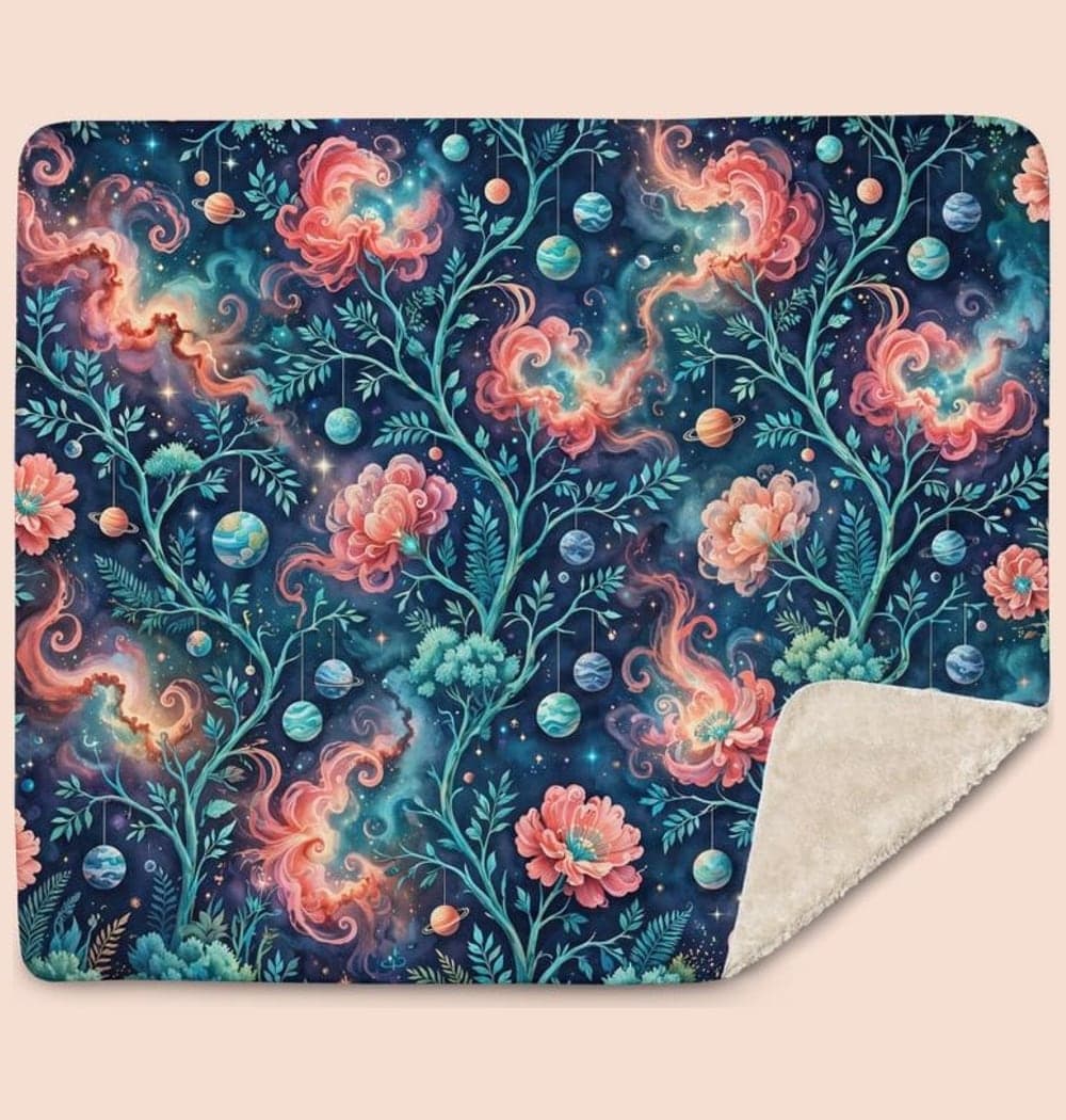 A lush imaginary garden where flowers resemble nebulae and tiny planets hang like fruit from delicate branches, on a blanket (example made with AI)