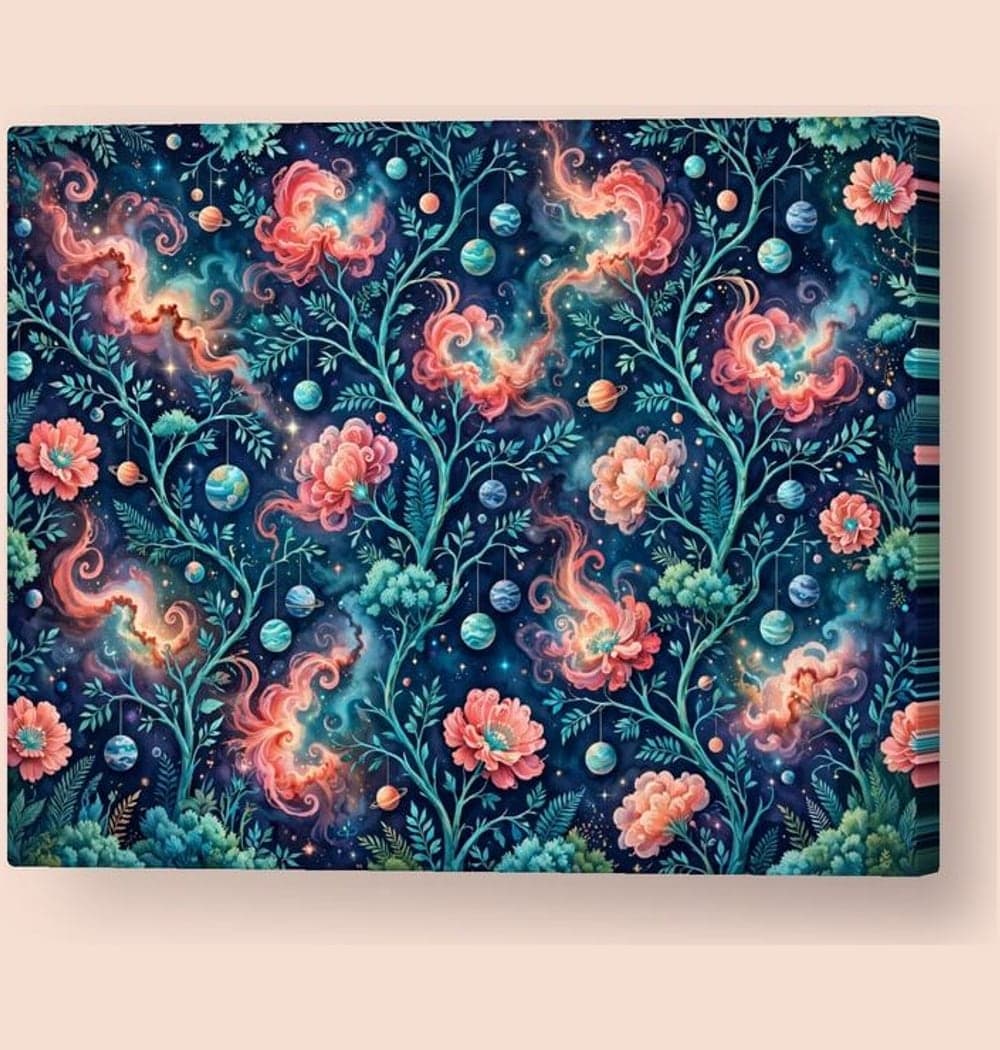 A lush imaginary garden where flowers resemble nebulae and tiny planets hang like fruit from delicate branches, on a canvas (example made with AI)