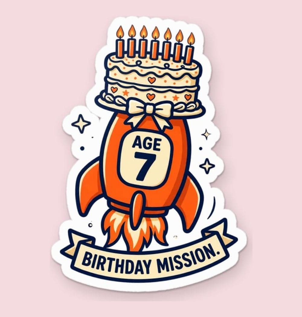An original cartoon rocket carrying a birthday cake with the supplied age displayed clearly on its side, as a sticker (example made with AI)