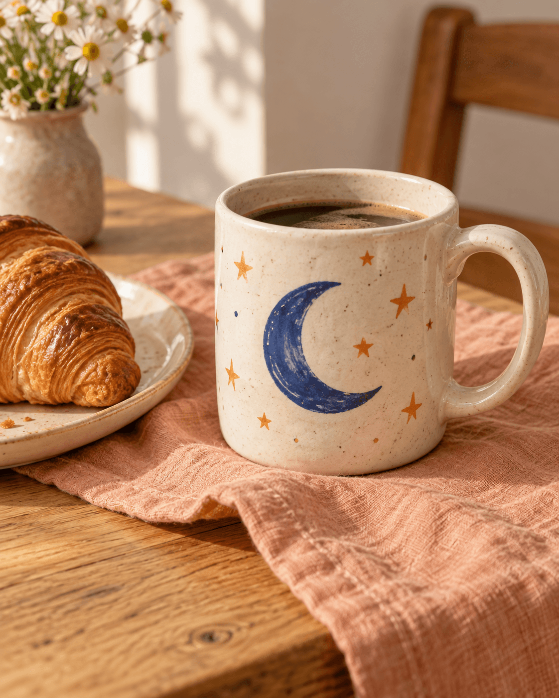 A hand-painted crescent moon and stars on a cream mug (example made with AI)