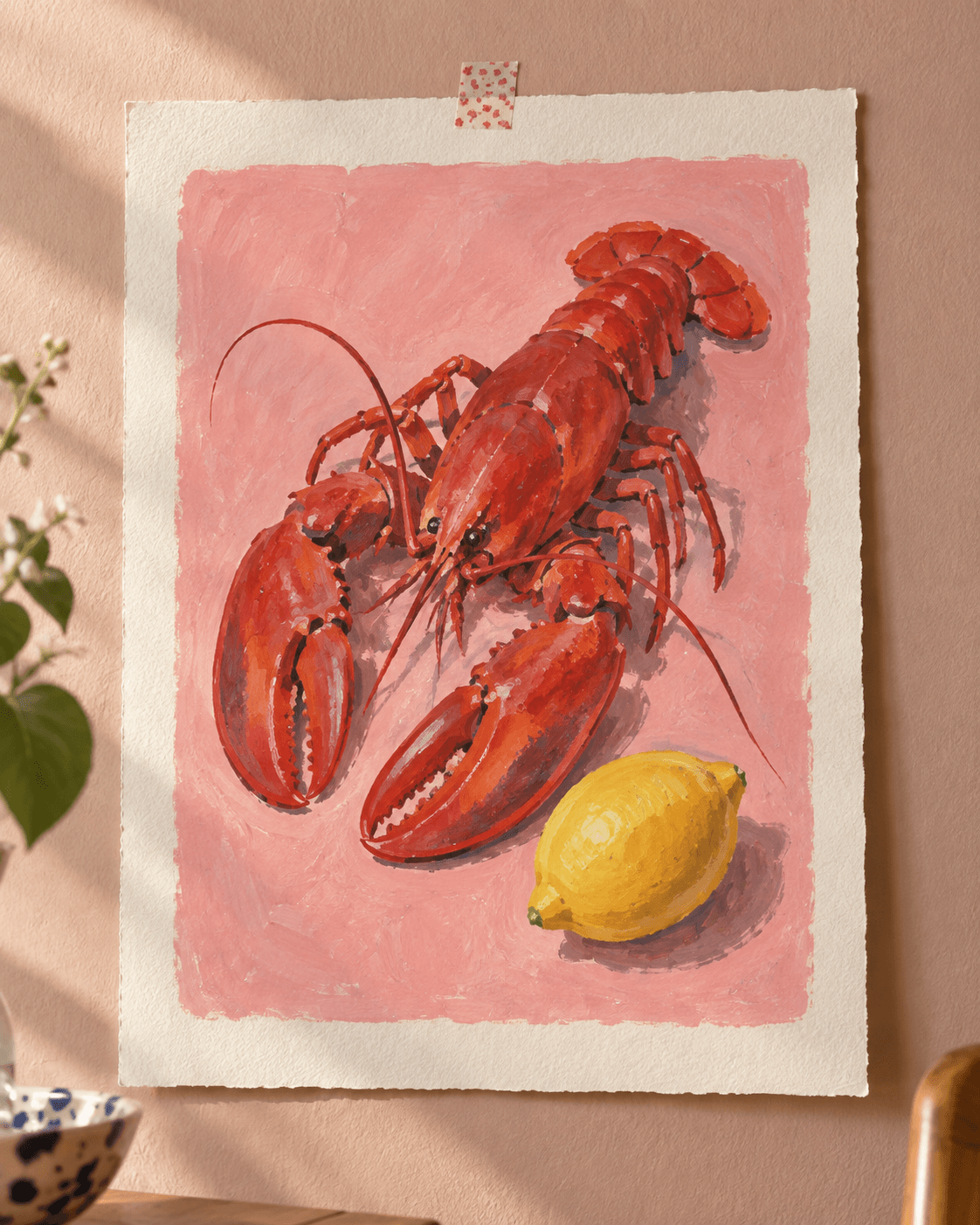 A painting of a red lobster and a lemon on a pink background (example made with AI)