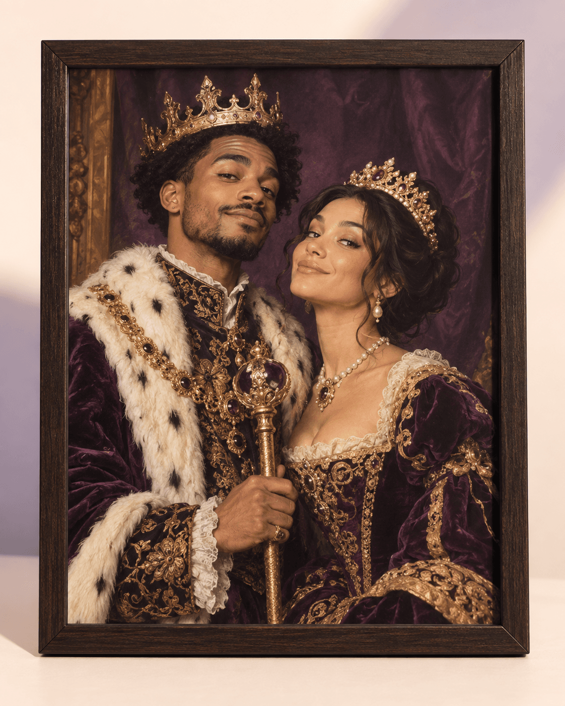A framed royal painting of a fictional couple as king and queen — illustrative mockup