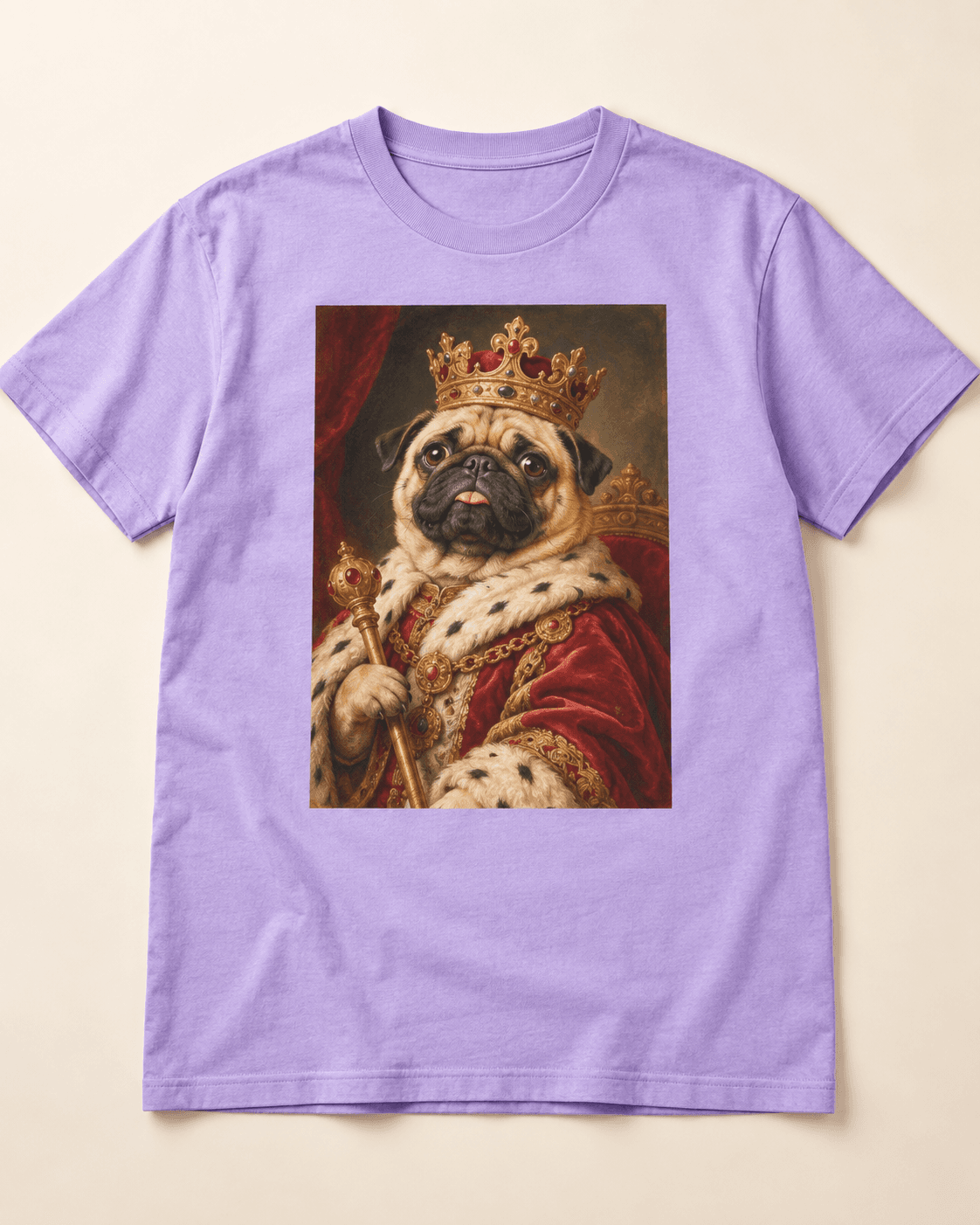 A lavender t-shirt with a royal pug portrait on the front (example)