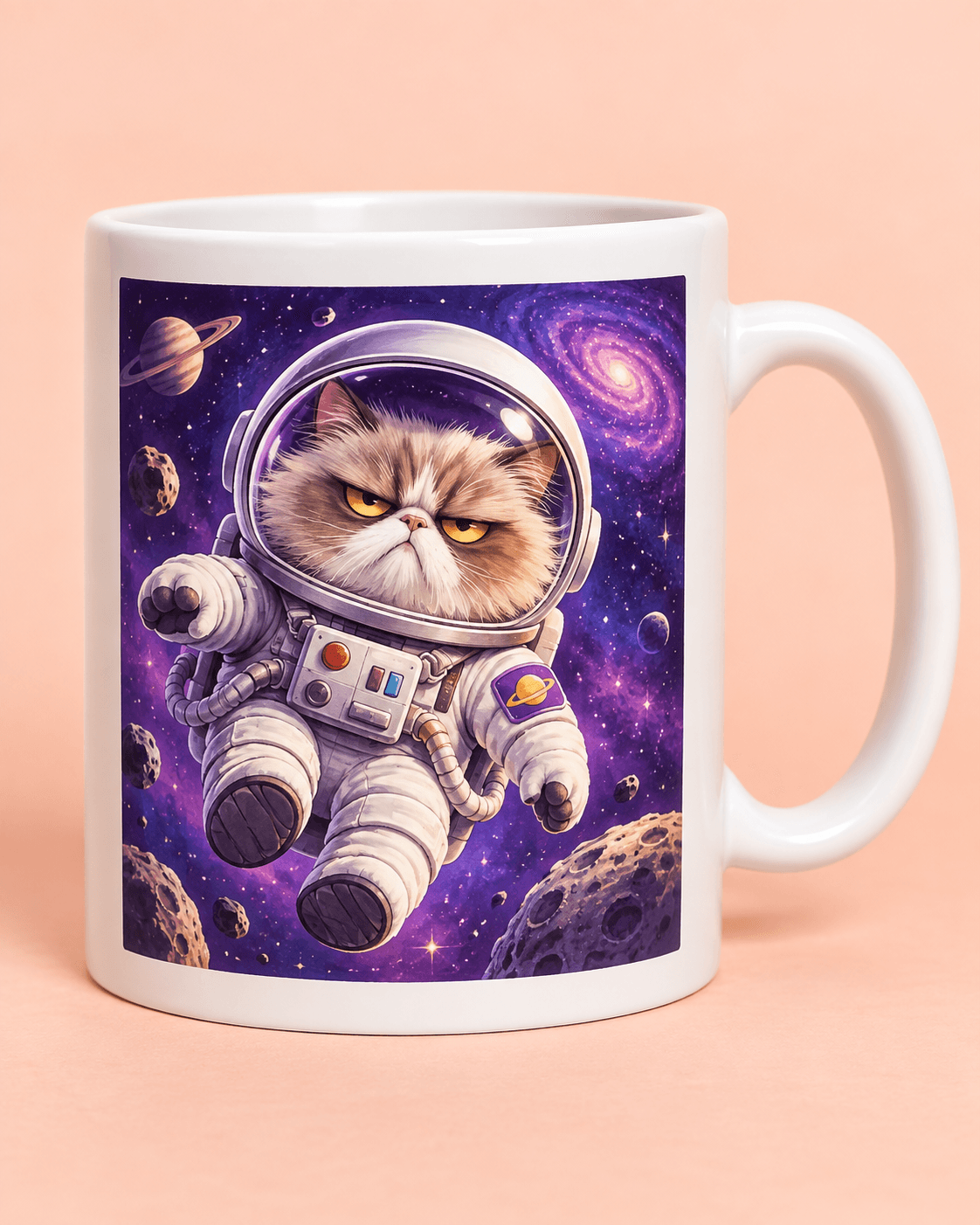 A white mug with a cat astronaut floating in space (example)