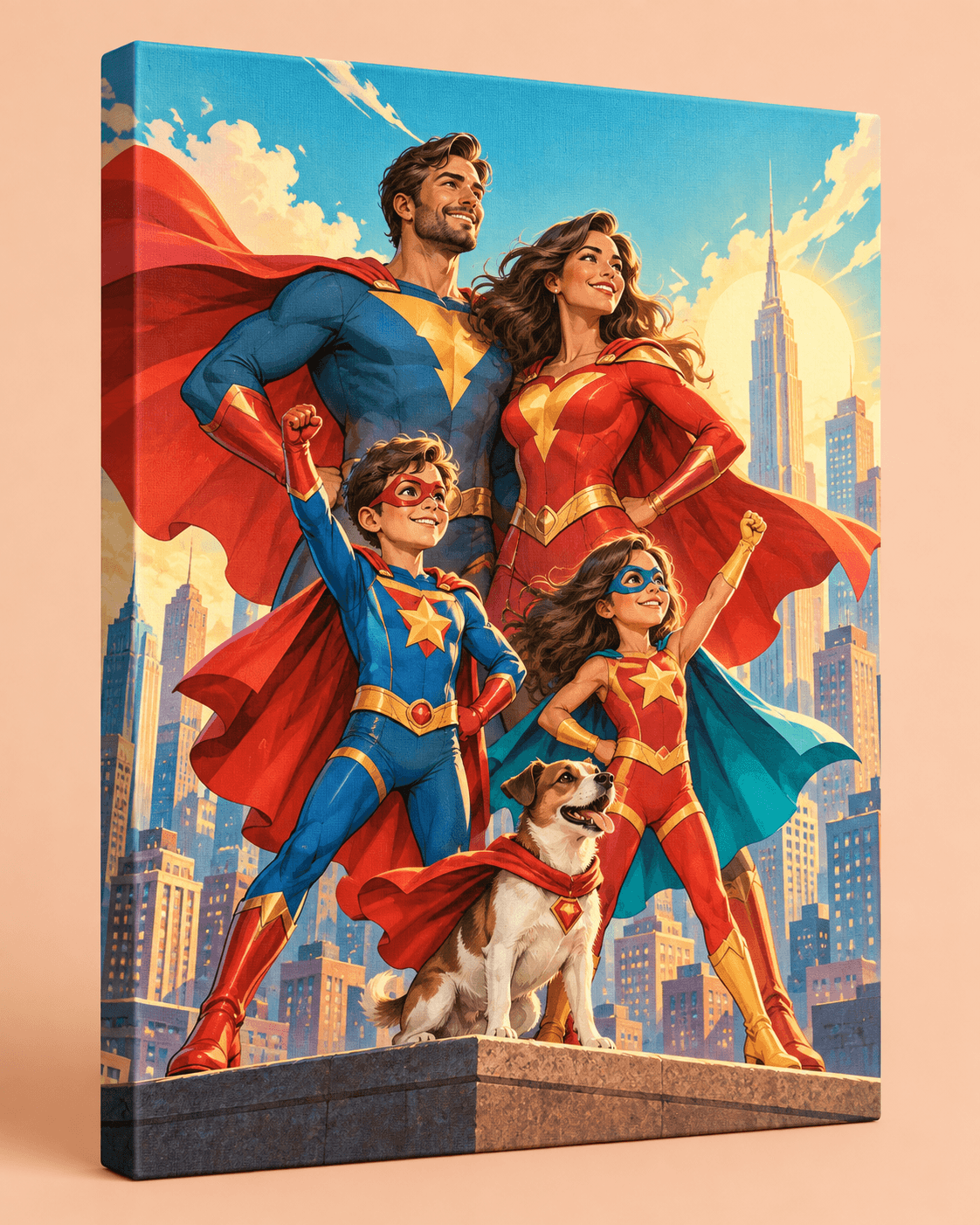A canvas print of a family and their dog as colorful superheroes — illustrative mockup