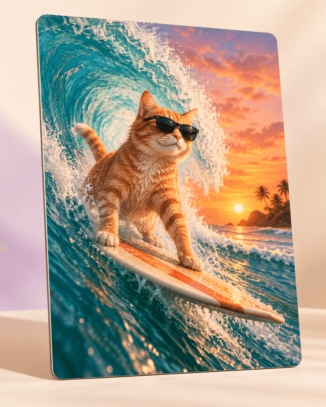 A metal print of an orange cat wearing sunglasses and surfing a turquoise wave — illustrative mockup