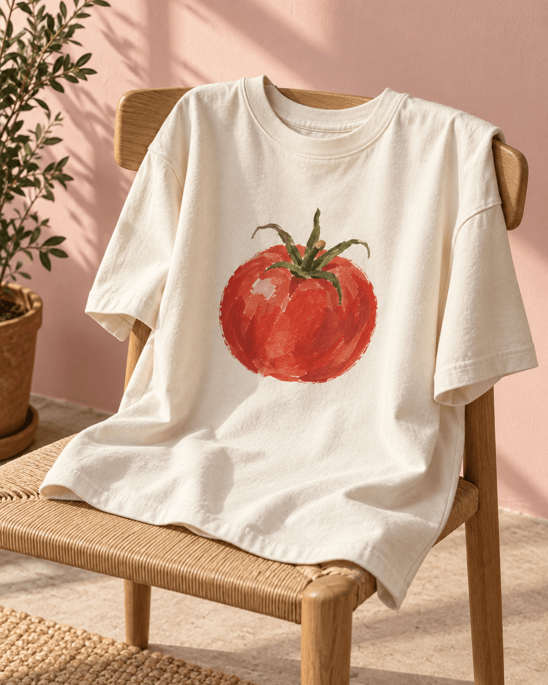 A painted ripe tomato on a cream t-shirt (example made with AI)