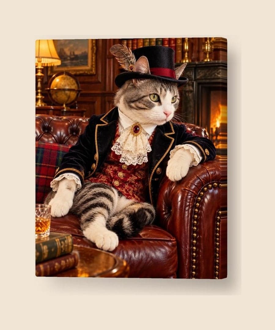 A canvas of a tabby cat dressed as an English lord in a leather armchair (example)