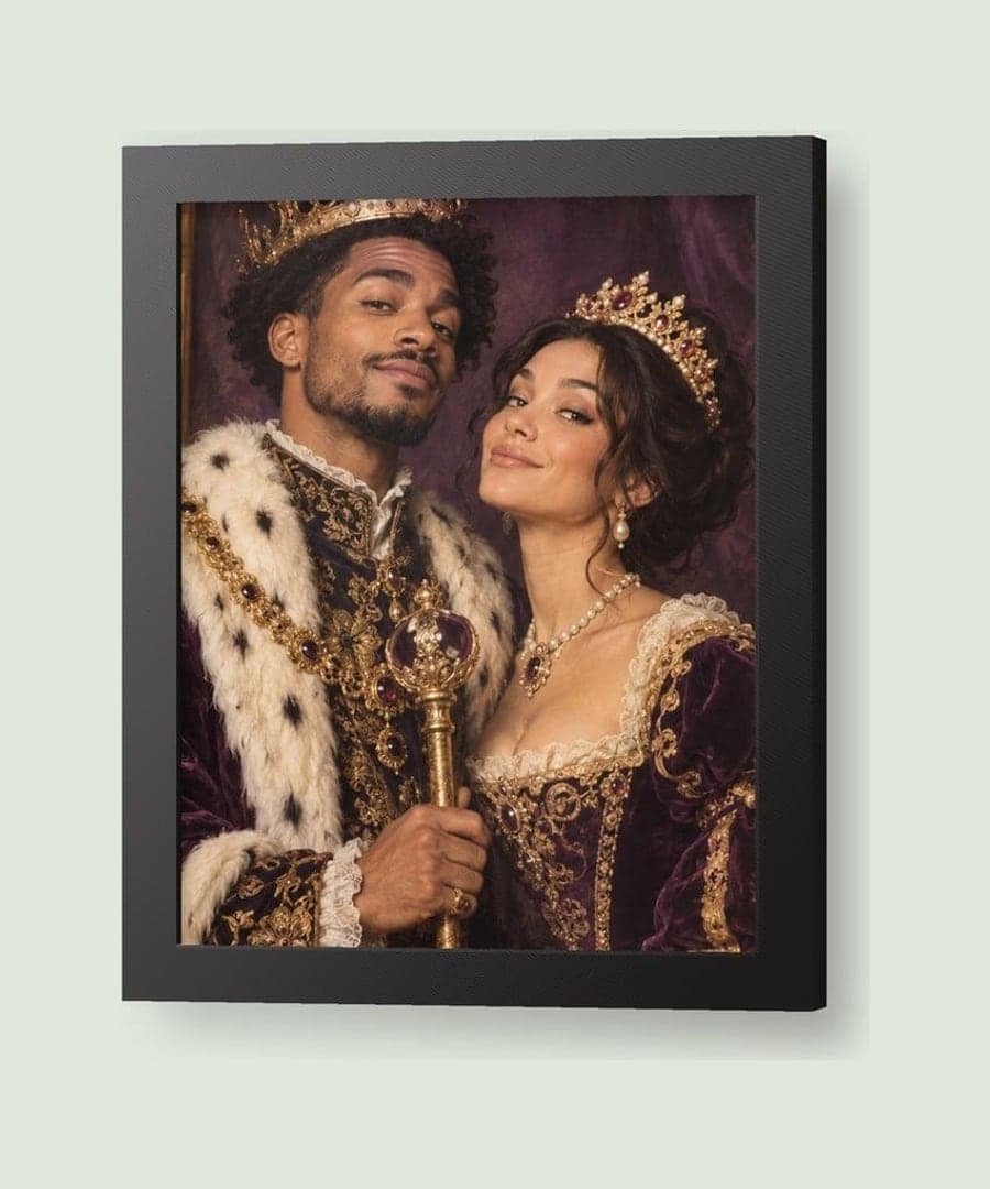 A framed print of a royal couple portrait (example)