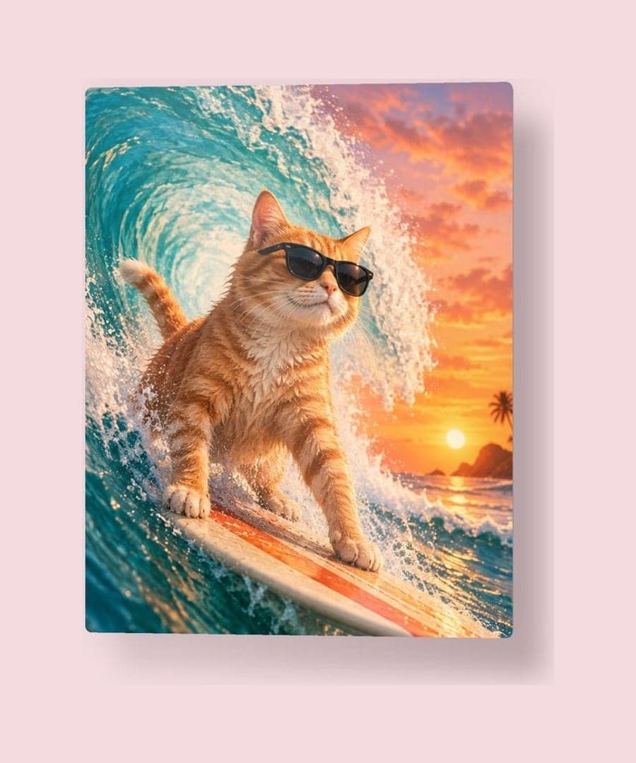A metal print of a cat surfing a wave in sunglasses (example)