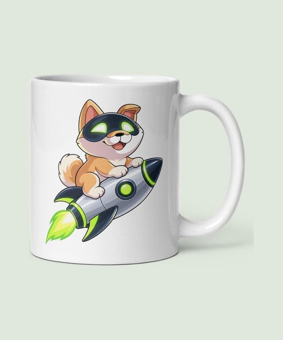 A white mug with a golden retriever astronaut on it (example)