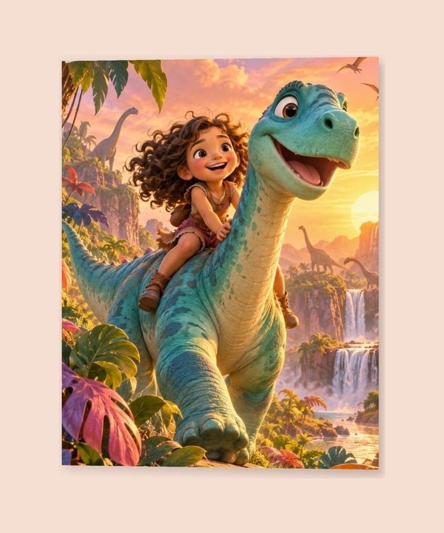 A matte poster of a girl riding a friendly dinosaur through a jungle (example)