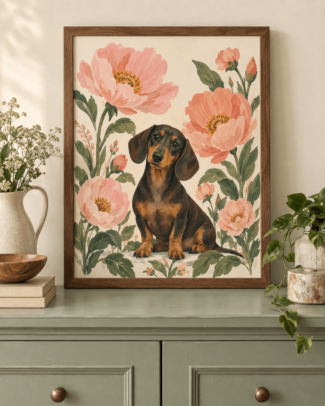 A dachshund painted among pink peonies, shown as a framed print — generated inspiration mockup