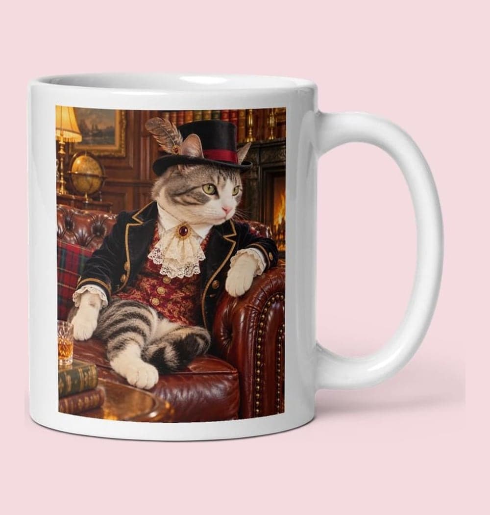 A tabby cat dressed as an English lord, lounging in a leather armchair in a gentlemen’s club, on a mug (example made with AI)