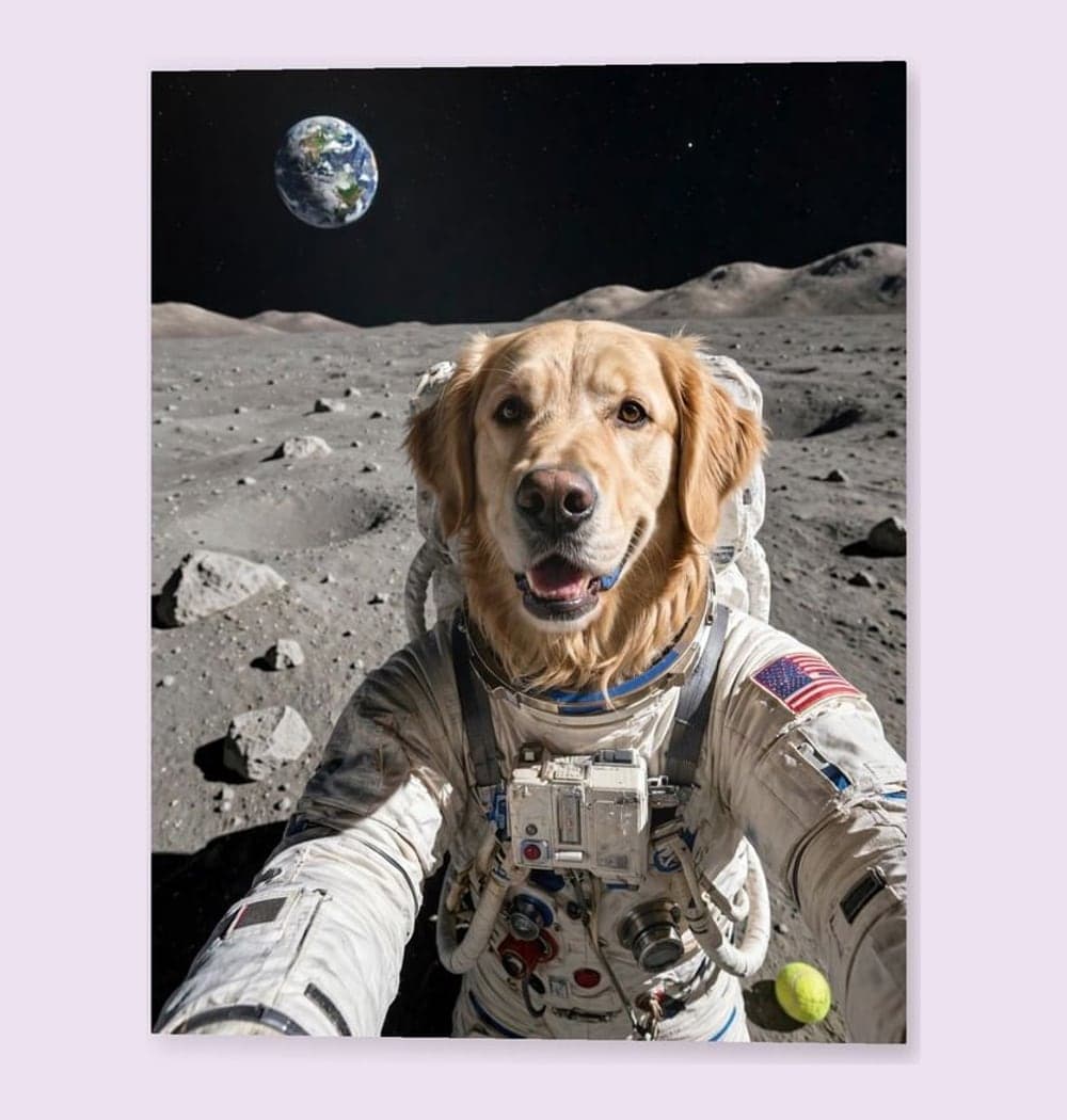 A realistic portrait of the pet taking a spacesuit selfie on the moon, with Earth behind them, on a photo print (example made with AI)