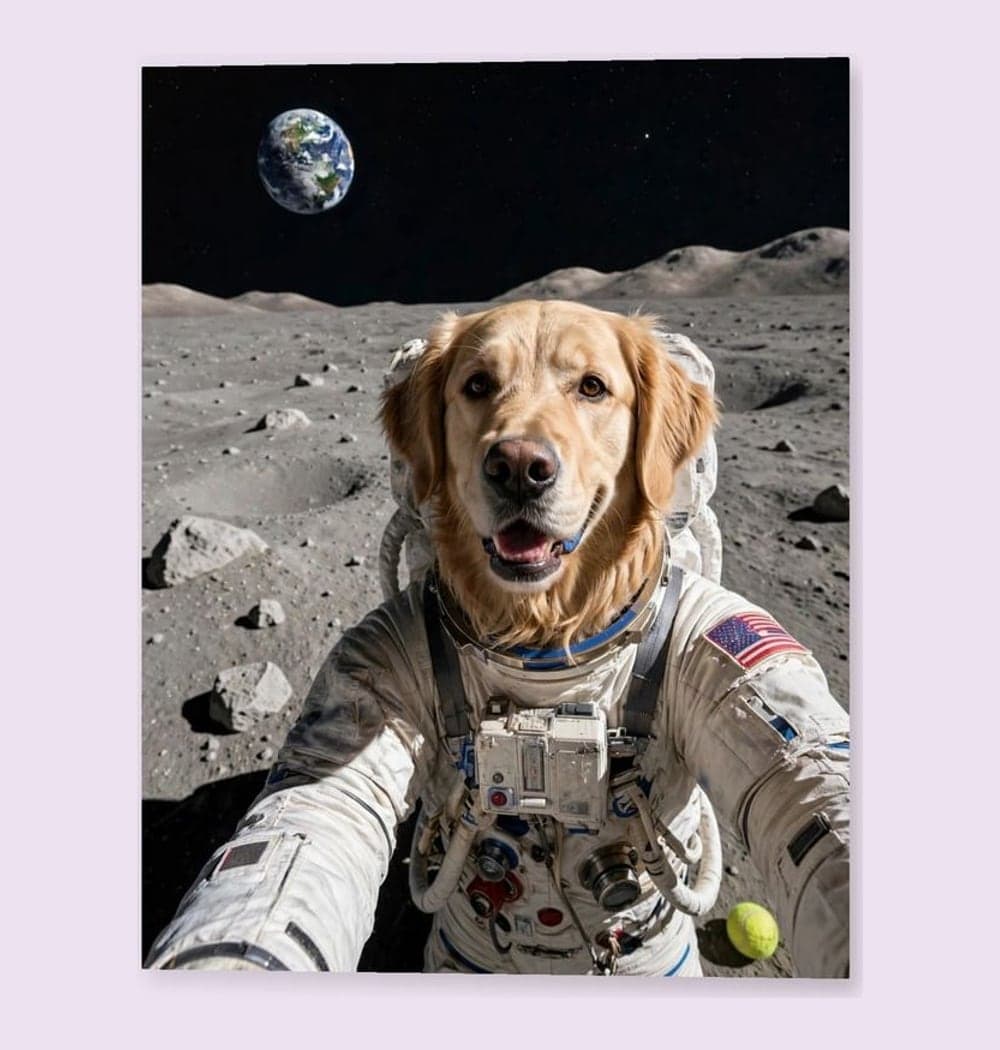 A realistic portrait of the pet taking a spacesuit selfie on the moon, with Earth behind them, on a matte poster (example made with AI)