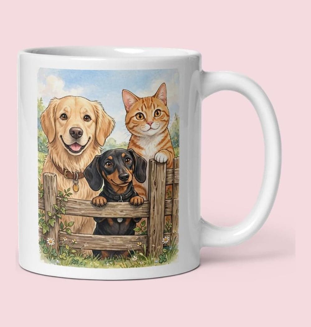 A humorous group portrait peeking over a garden fence at different heights, on a mug (example made with AI)
