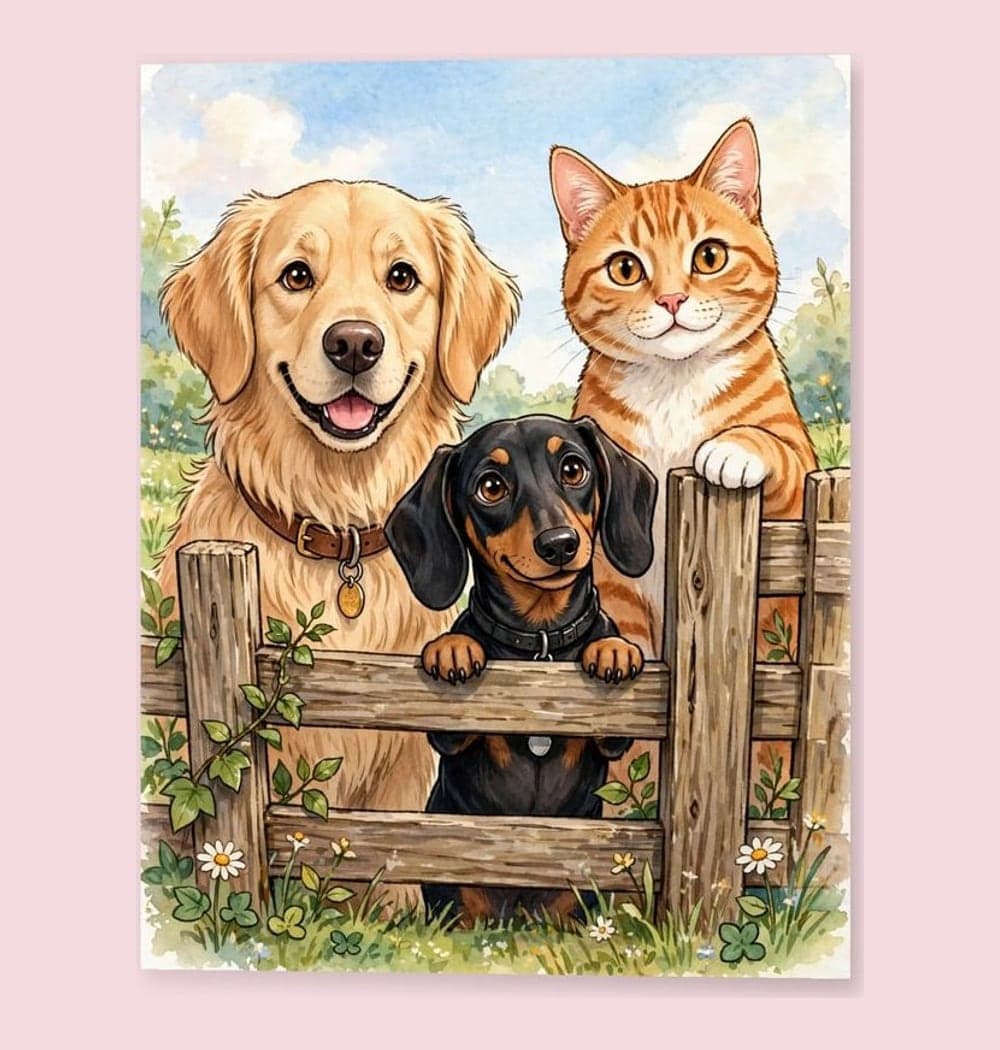 A humorous group portrait peeking over a garden fence at different heights, on a matte poster (example made with AI)