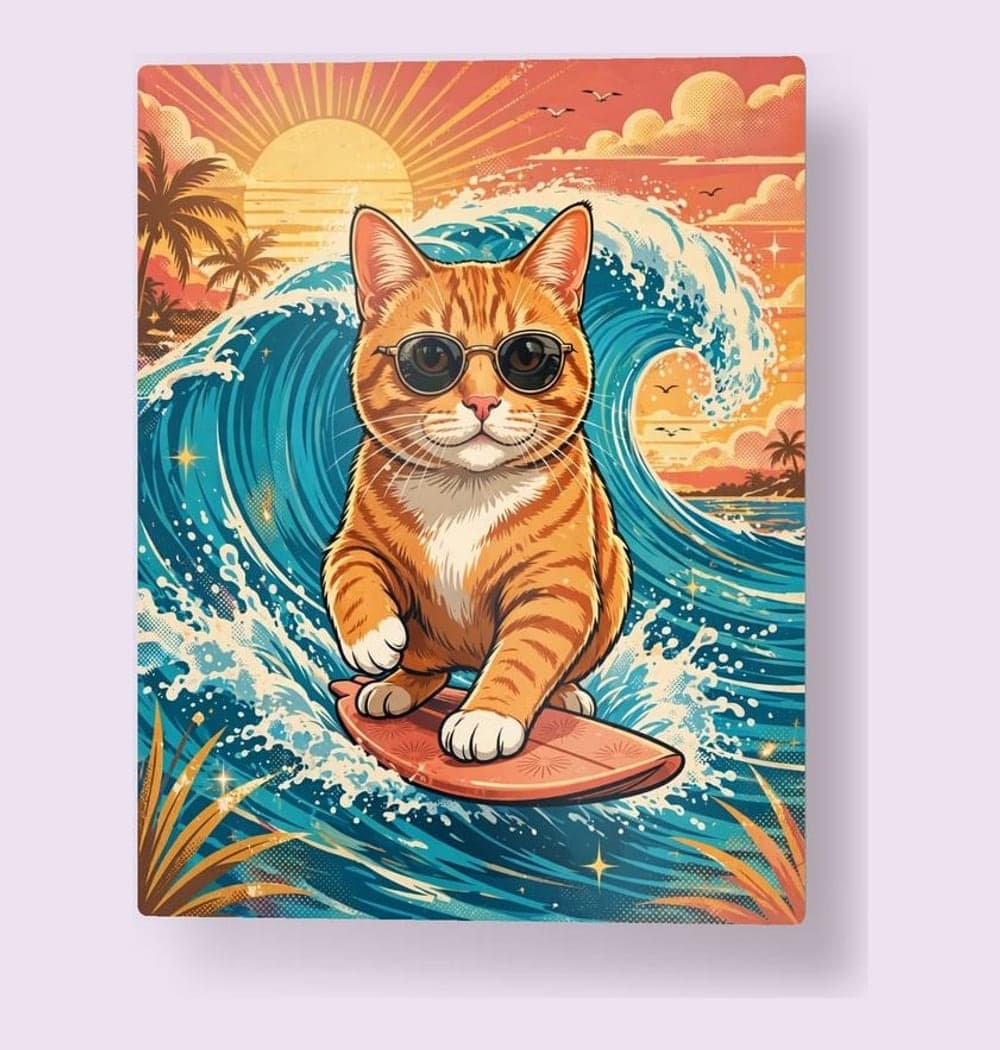 A vibrant retro surf illustration of the pet riding a turquoise wave on a little surfboard, on a metal print (example made with AI)