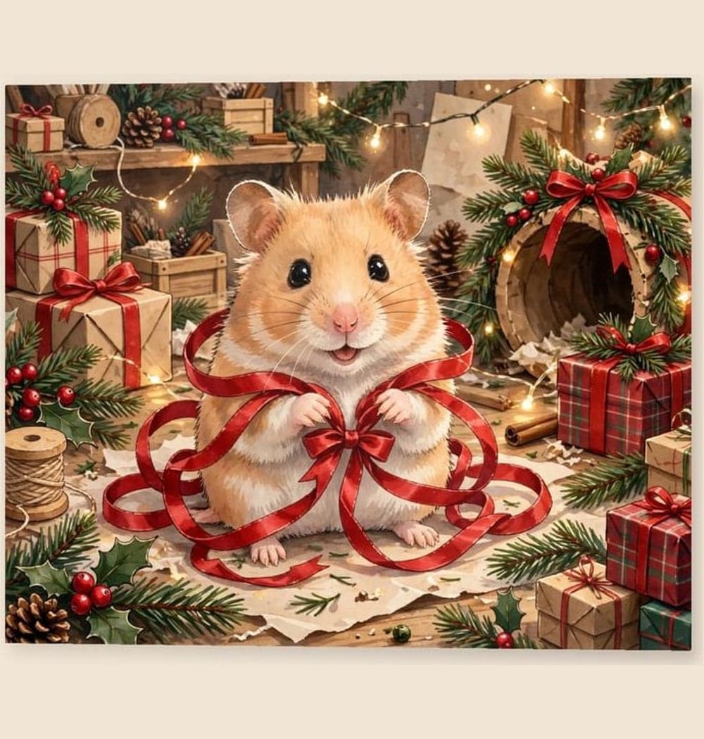 A cheerful holiday workshop assistant tangled in a ribbon beside wrapped gifts, on a photo print (example made with AI)