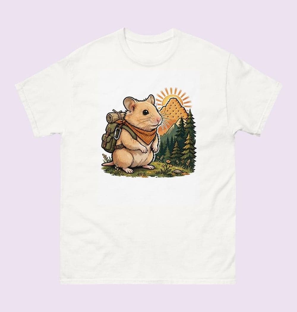 The pet as a tiny mountain explorer carrying a backpack, looking toward a distant peak shaped like a biscuit, on a t-shirt (example made with AI)